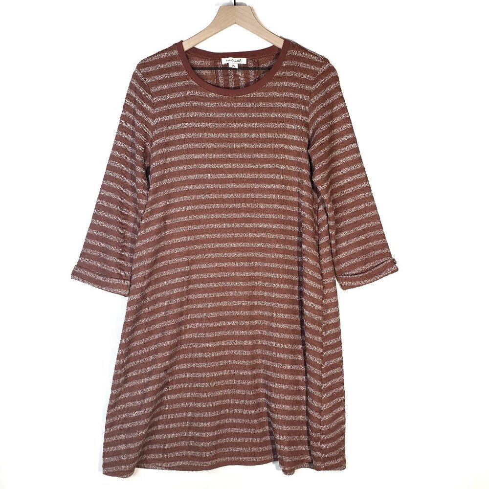 Simply Noelle Textured Stripe Swing Dress M Rust Brown Ivory Minimalist